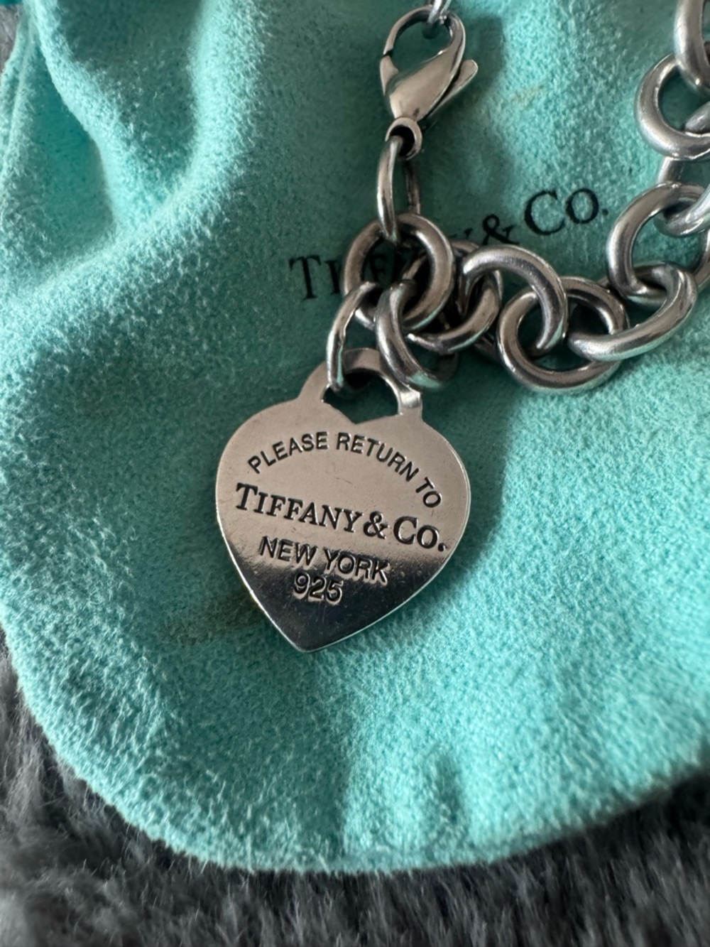 Tiffany & Co. Sterling Silver Heart Tag Bracelet with Signature Blue Pouch